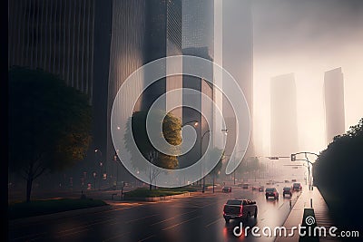 Urban skyscrapers at early foggy morning in the city district. Neural network generated art Stock Photo