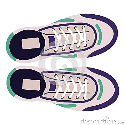 Urban sneakers with laces top view. Unisex sport shoes pair for walking. Fashion footwear model. Stylish trainers Vector Illustration