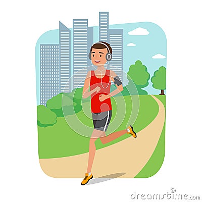 Urban sports. Young man jogging for fitness in the city Vector Illustration