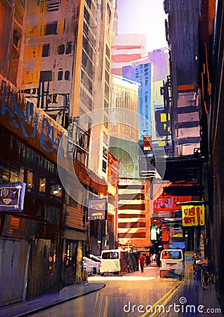 Urban street with buildings, city alleyway Cartoon Illustration