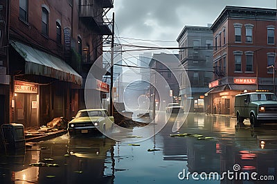 Urban Street Submerged: Chaos of Murky Floodwaters and Floating Debris Unveils a Surreal Reality Stock Photo