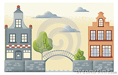 Urban street textured scene with vintage bridge and old buildings Vector Illustration