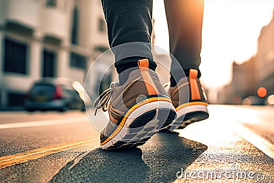 Urban Stride: Close-Up of Man's Sport Sneaker Walking on Street with Confidence. created with Generative AI Stock Photo
