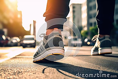 Urban Stride: Close-Up of Man's Sport Sneaker Walking on Street with Confidence. created with Generative AI Stock Photo