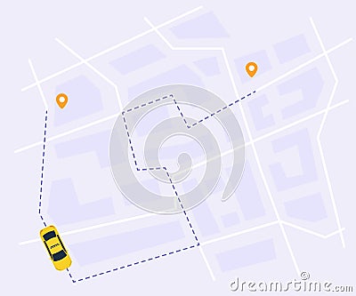 Urban taxi service vector illustration. Tracking system with start and finish point on city map, top view. Vector Illustration