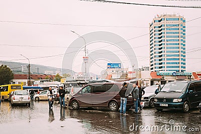 Urban taxis Minibuses are on the station Didube in Tbilisi, Georgia. Editorial Stock Photo