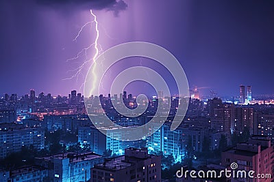Urban tempest Cityscape illuminated by blue light during a lightning storm Stock Photo
