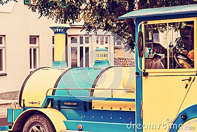 Urban tourist colorful train in Piestany city Stock Photo