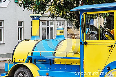 Urban tourist colorful train in Piestany city, Slovakia Stock Photo