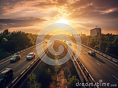 Urban traffic cars drive at sunset on highway in cityscape summer scene, city transportation concept Stock Photo