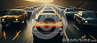 Urban traffic jam at sunset, rush hour congestion in metropolis, cityscape front view Stock Photo