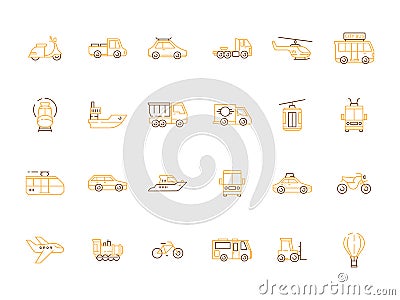 Urban transport icon. Public vehicles taxi motorcycle planes boats helicopter car train vector outline pictures Vector Illustration