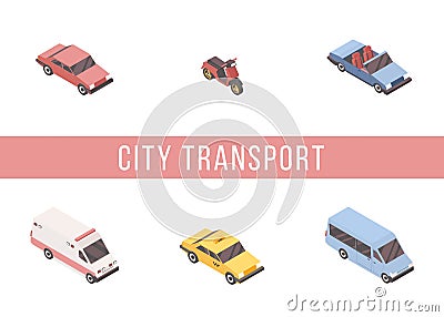Urban transport isometric vector banner template. Passenger cars, scooter, taxi cab and ambulance 3D illustrations with Vector Illustration
