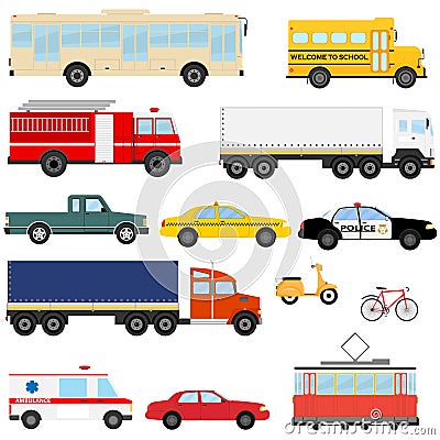 Urban transport, public transport. A set of cars and buses. Cartoon Illustration