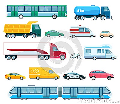Urban transports. Bus, taxi, police car, passenger car, van, truck, train. Flat transportation, public vehicle, city Vector Illustration