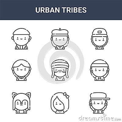 9 urban tribes icons pack. trendy urban tribes icons on white background. thin outline line icons such as hip hop, gangsta, Vector Illustration