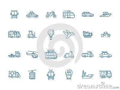 Urban vehicle icons. City transport planes boat cars boats truck vector thin line pictures set Vector Illustration