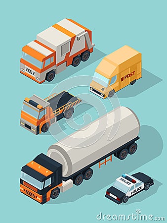 Urban vehicle isometric. Transportation city cars gas service fuel truck, trailer van bus vector 3d traffic pictures Vector Illustration