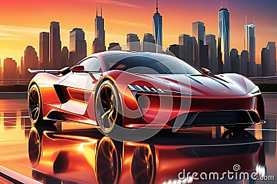 Urban Velocity: Sports Car in Dynamic Motion, Glossy Paint Reflecting a Sunset City Skyline in the Background, Sleek Elegance Stock Photo