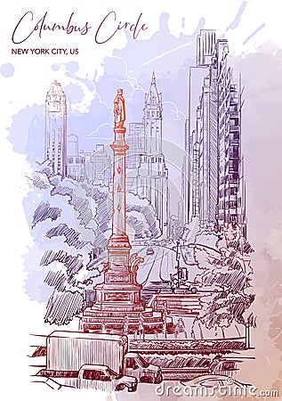 Urban view of Columbus Circus and West 59th street in New York. Vector Illustration
