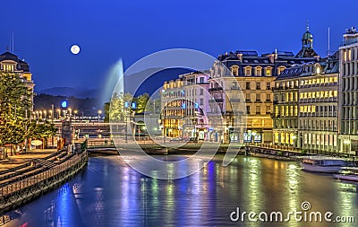 Urban view with famous fountain, Geneva Stock Photo