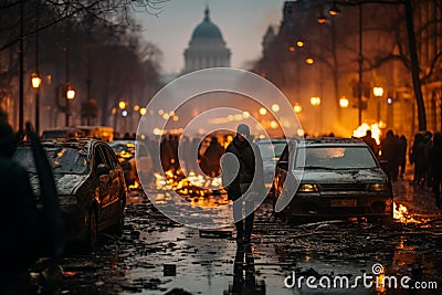 Urban warfare. soldier in gas mask in foggy city battle scene with cracked road and gunfire Stock Photo