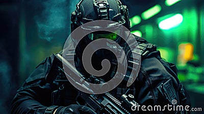 Urban Warfare A Tactical Squad Member in Combat Ready Gear and Equipment AI generated Stock Photo