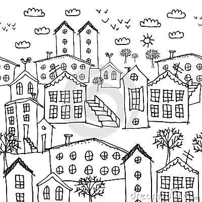 Urban winter landscape seamless pattern. Sketch. black and white hand-drawn background for wallpaper, pattern fills, web page back Vector Illustration