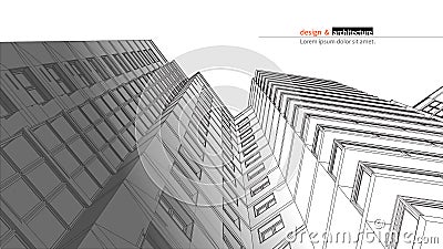 Urbanistic skyscraper. Abstract 3D render of building wire frame structure. Vector construction graphic idea for Vector Illustration