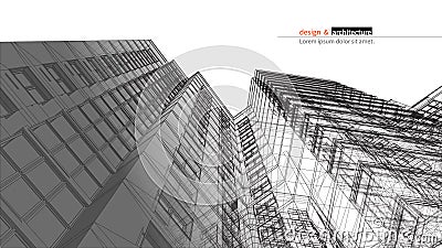 Urbanistic skyscraper. Abstract 3D render of building wire frame structure. Vector construction graphic idea for Vector Illustration