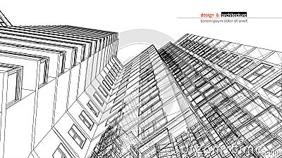 Urbanistic skyscraper. Abstract 3D render of building wire frame structure. Vector construction graphic idea for Vector Illustration