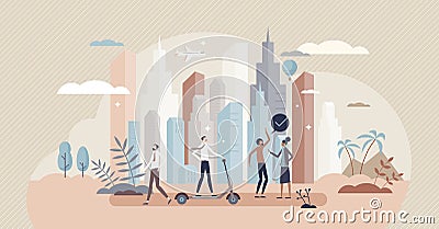 Urbanization as modern metropolis and city development tiny person concept Vector Illustration