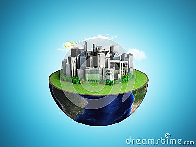 Urbanization concept with globe and city on abstract blue background 3D Rendering Stock Photo