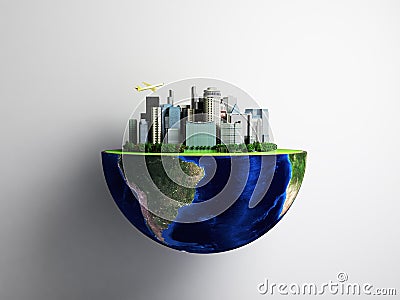 Urbanization concept with globe and city on abstract green background 3D Rendering Stock Photo