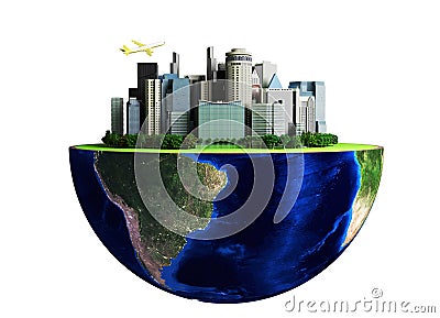 Urbanization concept with globe and city on abstract green background 3D Rendering no shadow Stock Photo