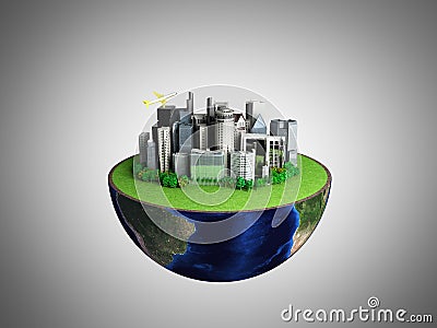 Urbanization concept with globe and city on abstract grey background 3D Rendering Stock Photo