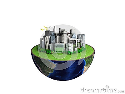 Urbanization concept with globe and city on abstract white background 3D Rendering Stock Photo