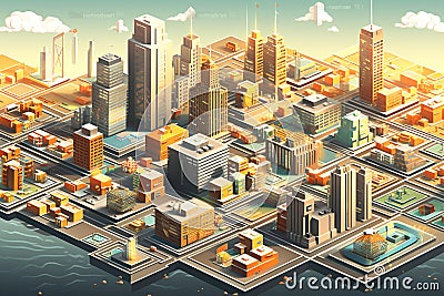 Urbanization of Digital Finance - Isometric Cityscape Constructed from Crypto Icons Stock Photo