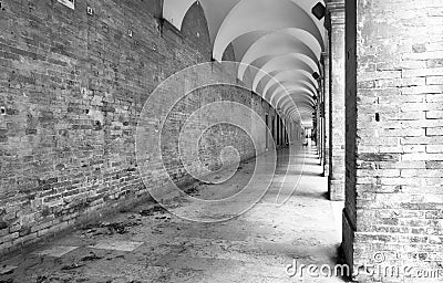 Urbino ancient colonnade. Black and white photo Stock Photo