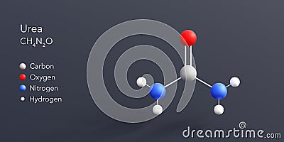 urea molecule 3d rendering, flat molecular structure with chemical formula and atoms color coding Stock Photo