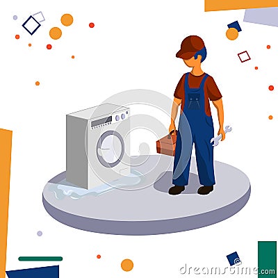 Urgent repair assistance. Plumber repairing washing machine Vector Illustration