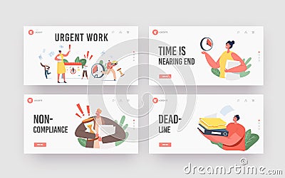 Urgent Work, Deadline Landing Page Template Set. Anxious Tiny Business Characters in Chaos Office Workplace Vector Illustration