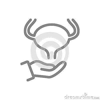 Urinary bladder on hand line icon. Human treatment, disease prevention symbol Vector Illustration