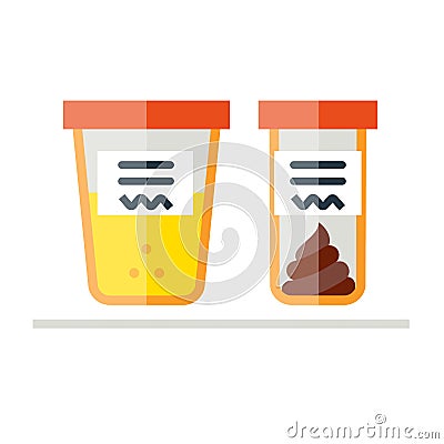 Urine and fecal analysis. Flat style. Containers for analysis on white background. Cartoon Illustration
