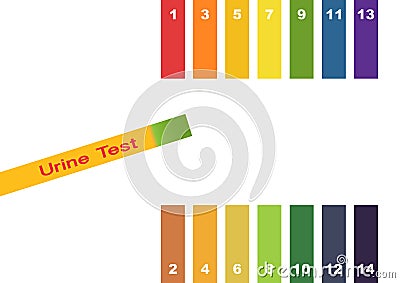 Urine Test . Hand holding test tube with pH indicator comparing color to scale and litmus strips for measurement of acidity. Vector Illustration
