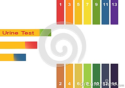 Urine Test . Hand holding test tube with pH indicator comparing color to scale and litmus strips for measurement of acidity. Vector Illustration