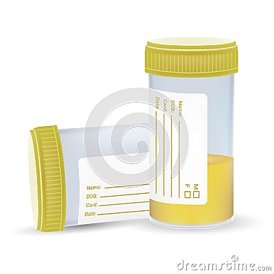 Urine Test In A Plastic Jar Isolated On A White Background. Realistic Vector Illustration. Vector Illustration