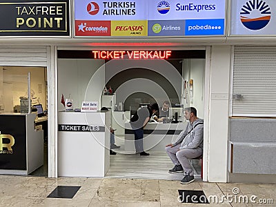 urkey, Antalya - 02 10 2023: Corendon airlines, Turkish airlines, SunExpress, Pegasus, Probeda, S7 Airlines ticket sale offices Editorial Stock Photo