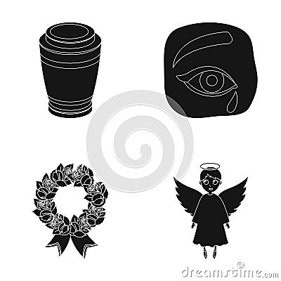 The urn with the ashes of the deceased, the tears of sorrow for the deceased at the funeral, the mourning wreath, the Vector Illustration