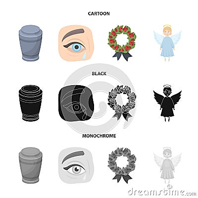 The urn with the ashes of the deceased, the tears of sorrow for the deceased at the funeral, the mourning wreath, the Vector Illustration